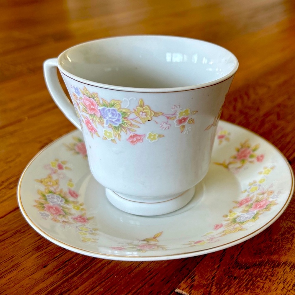 Vintage tea cup and plate with floral print